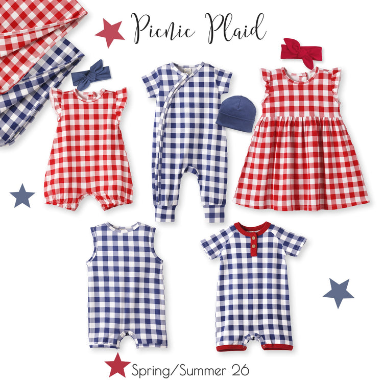 Mono corto de bebé sin mangas de bambú suave con estampado a cuadros estilo picnic.