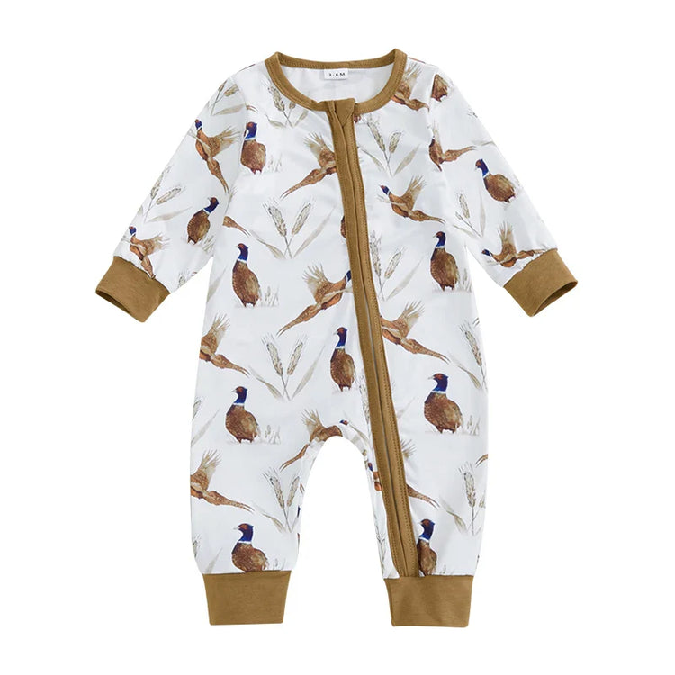 Mono de manga larga con cuello redondo y cremallera con estampado de orejas de trigo y pájaro suave para bebés y niñas