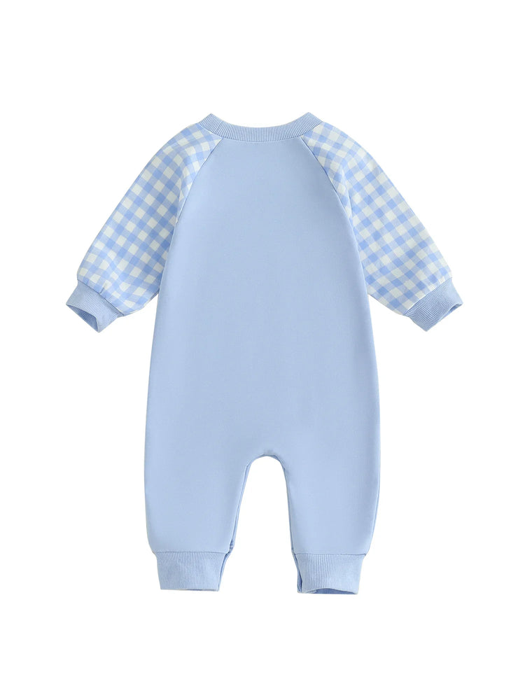 Mono de otoño para bebé niño pequeño Lil Brother con estampado de cuadros y letras bordadas, manga larga, cuello redondo y largo completo