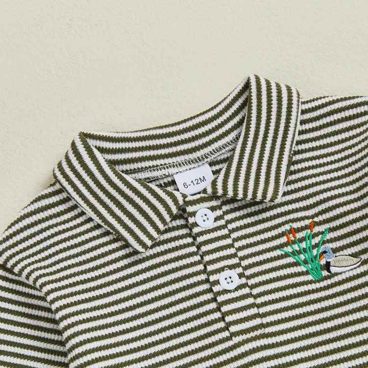 Conjunto de ropa infantil de 2 piezas con top de pato bordado de manga larga y pantalones a rayas para bebés y niños pequeños