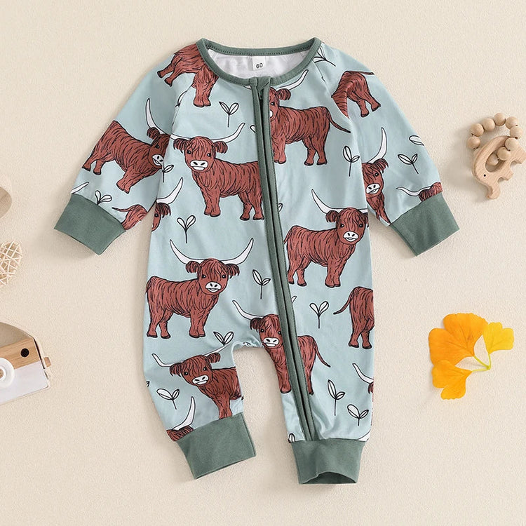 Mono de otoño con cremallera y manga larga con estampado de vaca de las Tierras Altas para bebés
