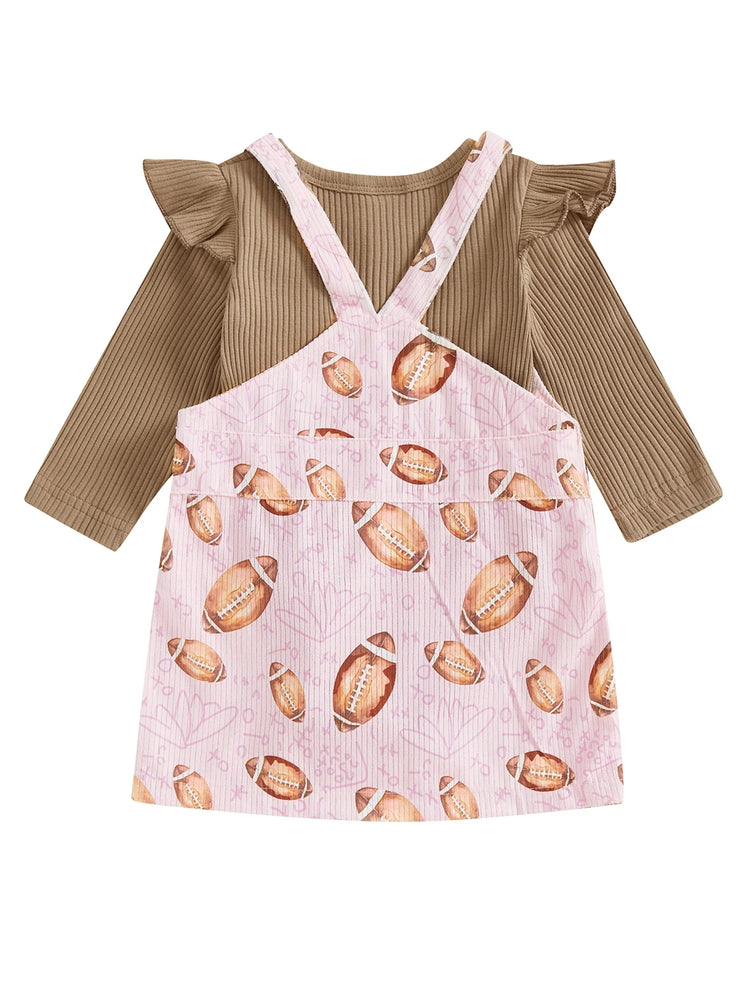 Conjunto de 2 piezas de ropa de otoño para bebés y niñas pequeñas, mono de manga larga y vestido con estampado de fútbol