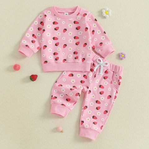 Conjunto de 2 piezas de otoño para bebé niña, camiseta de manga larga con cuello redondo y pantalones deportivos con estampado de flores de fresa