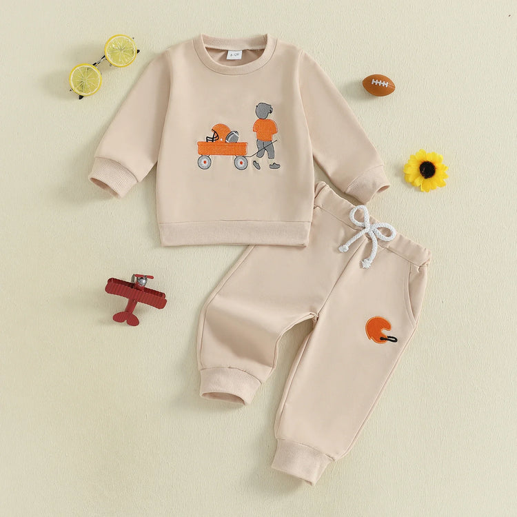 Conjunto de 2 piezas de pantalones deportivos con cordón y parte superior bordada de fútbol de manga larga para bebés y niños pequeños de otoño