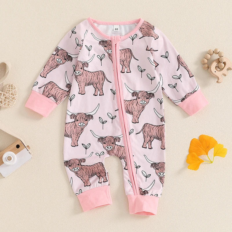 Mono de otoño con cremallera y manga larga con estampado de vaca de las Tierras Altas para bebés