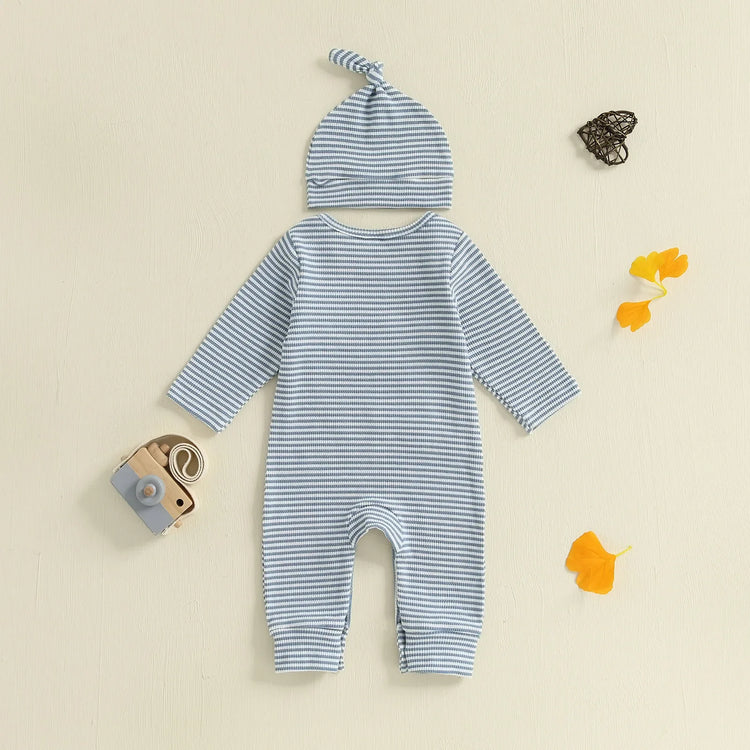Mono de rayas de otoño para bebé niño, 2 piezas, manga larga, cuello redondo, letras, bordado, conjunto de gorro