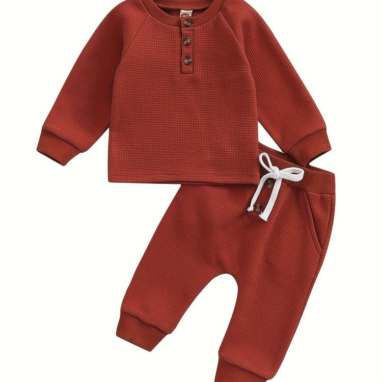 Conjunto de ropa gruesa tipo gofre para niños y niñas con botones redondos