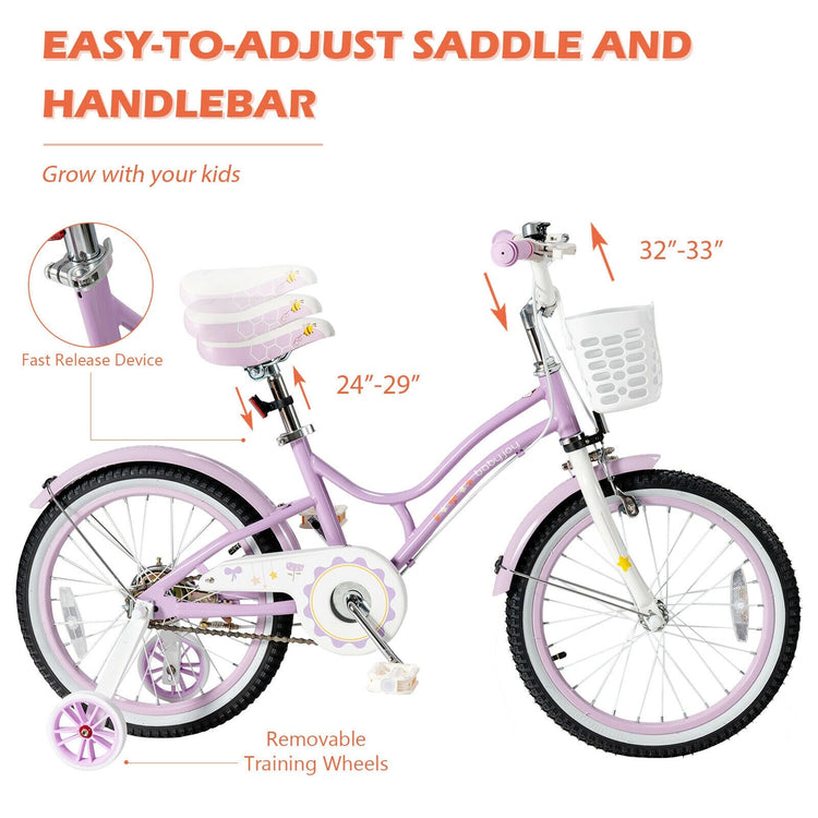 Bicicleta infantil ajustable de 18 pulgadas con ruedines de apoyo - Morada