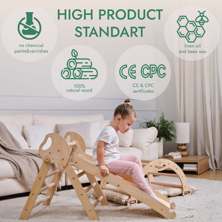 Set de escalada Montessori 4 en 1: Triángulo Pikler, arco, tobogán y cojín para niños pequeños (1 a 3 años)