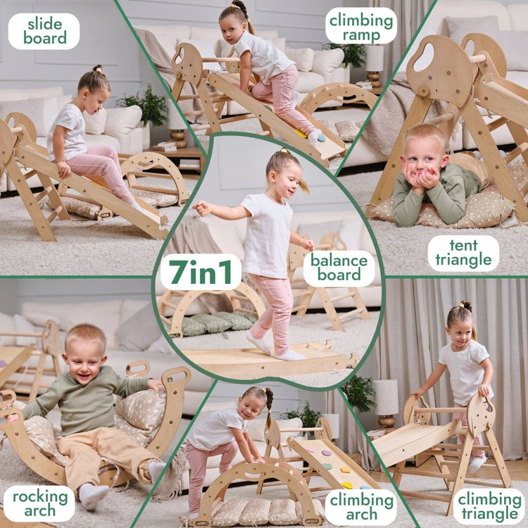 Set de escalada Montessori 4 en 1: Triángulo Pikler, arco, tobogán y cojín para niños pequeños (1 a 3 años)