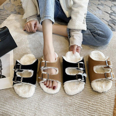 Zapatos nuevos de algodón y lana con doble hebilla, zapatos de lana para interiores y exteriores, pantuflas cálidas y cómodas para mujer, pantuflas ortopédicas forradas de piel para interiores con hebilla ajustable.
