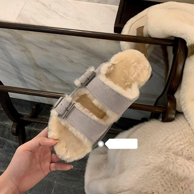 Zapatos nuevos de algodón y lana con doble hebilla, zapatos de lana para interiores y exteriores, pantuflas cálidas y cómodas para mujer, pantuflas ortopédicas forradas de piel para interiores con hebilla ajustable.
