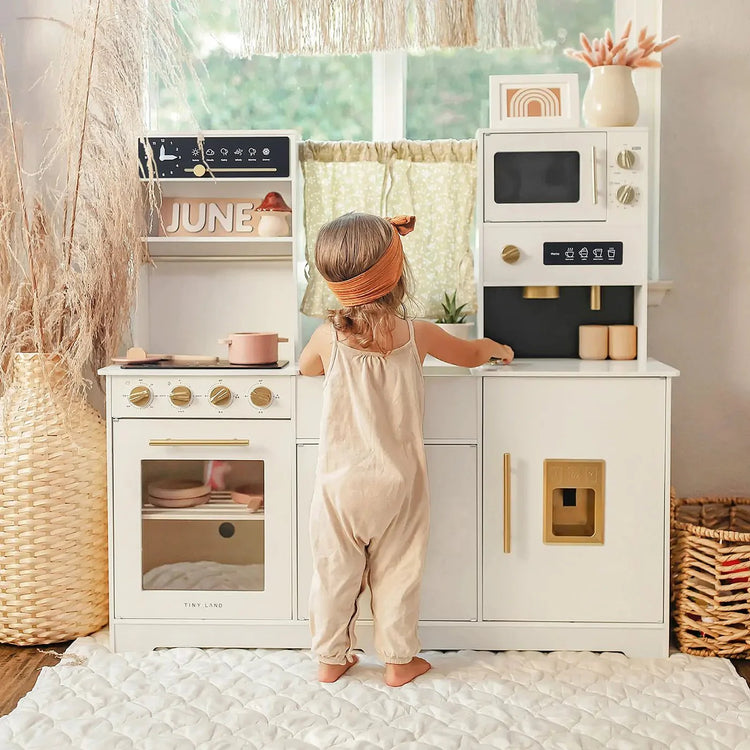 Tiny Land® Iconic Cocina de Juguete de Madera – Set de Cocina de Simulación color Crema para Niños