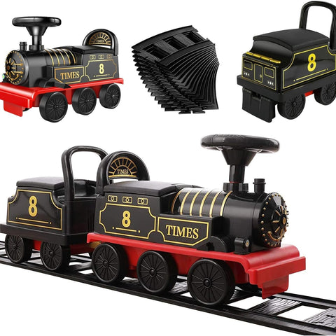Tren eléctrico para montar con vías, dos plazas, vagón de carga, música y luces.