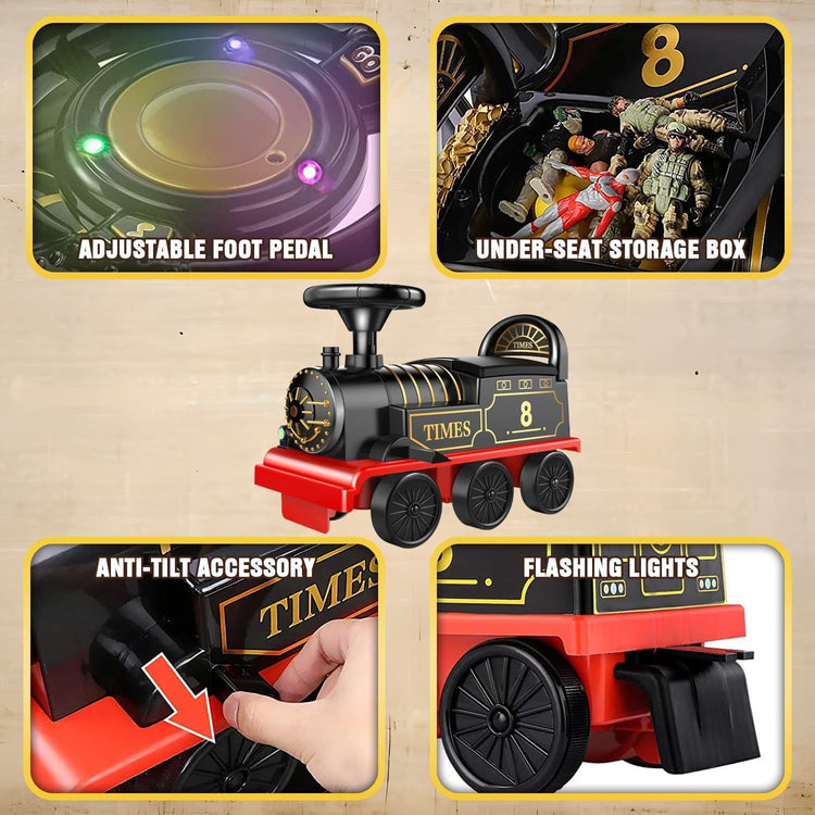 Tren eléctrico para montar con vías, dos plazas, vagón de carga, música y luces.