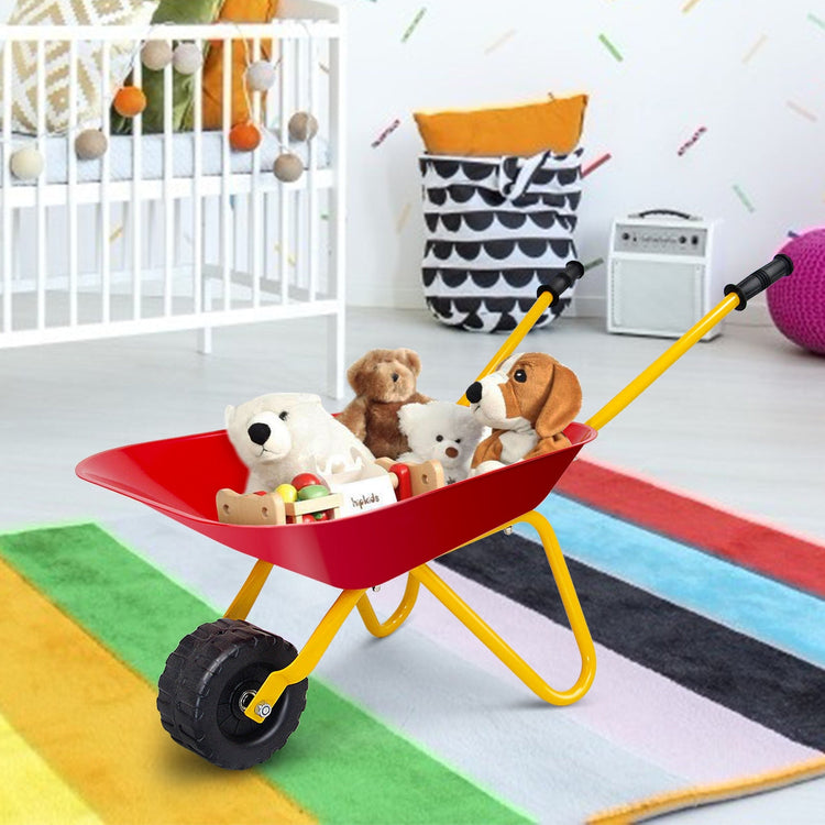 Carretilla de metal para niños, juguete para jardín y patio trasero, color rojo.