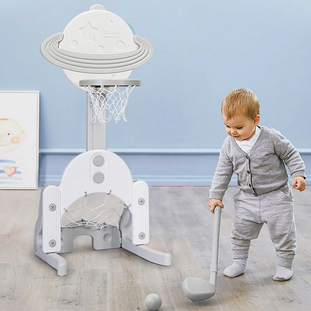 Juego de aro de baloncesto infantil 3 en 1 ajustable en altura con pelotas - Blanco