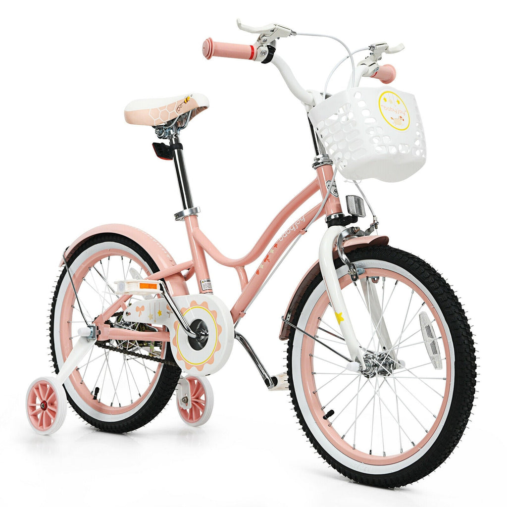 Bicicleta infantil ajustable de 18 pulgadas para niños pequeños con ruedines de apoyo - Rosa