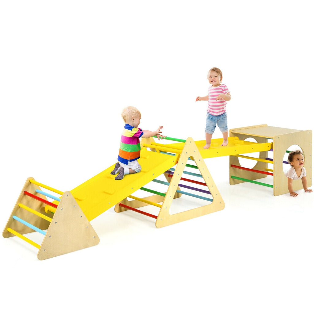 Gimnasio de juegos infantil triangular 5 en 1 con 2 rampas.