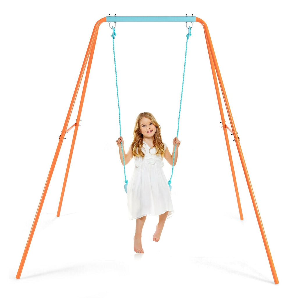 Columpio infantil de exterior con estructura metálica en forma de A de alta resistencia y estacas para el suelo - Naranja