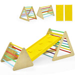 Juego de madera 3 en 1: 2 estructuras triangulares para trepar con rampa para toboganes.