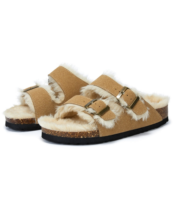 Zapatos nuevos de algodón y lana con doble hebilla, zapatos de lana para interiores y exteriores, pantuflas cálidas y cómodas para mujer, pantuflas ortopédicas forradas de piel para interiores con hebilla ajustable.