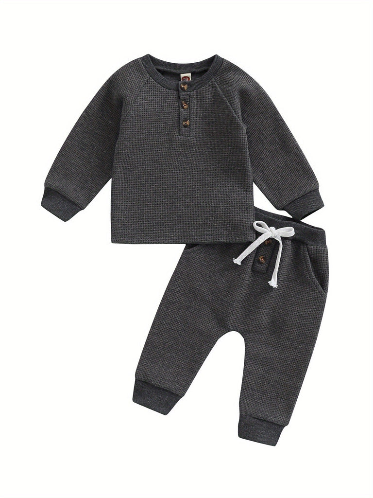 Conjunto de ropa gruesa tipo gofre para niños y niñas con botones redondos