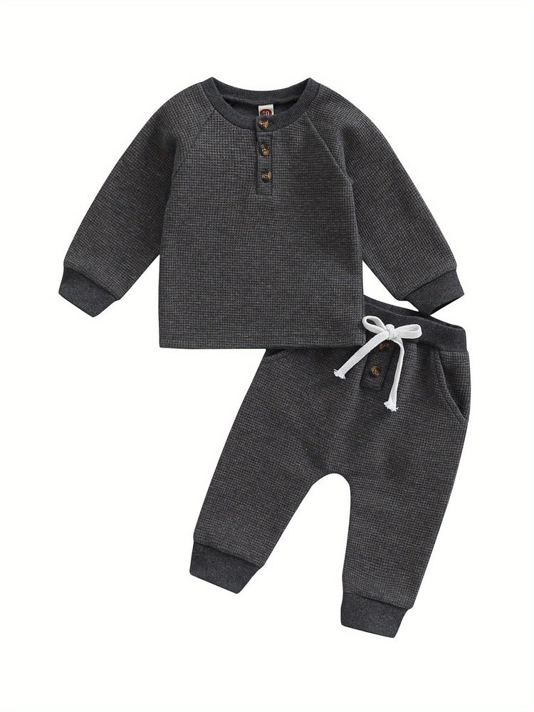 Conjunto de ropa gruesa tipo gofre para niños y niñas con botones redondos