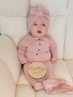 Vestido anudado para recién nacida y gorro turbante de 3 lazos - Rosa empolvado