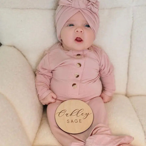 Vestido anudado para recién nacida y gorro turbante de 3 lazos - Rosa empolvado
