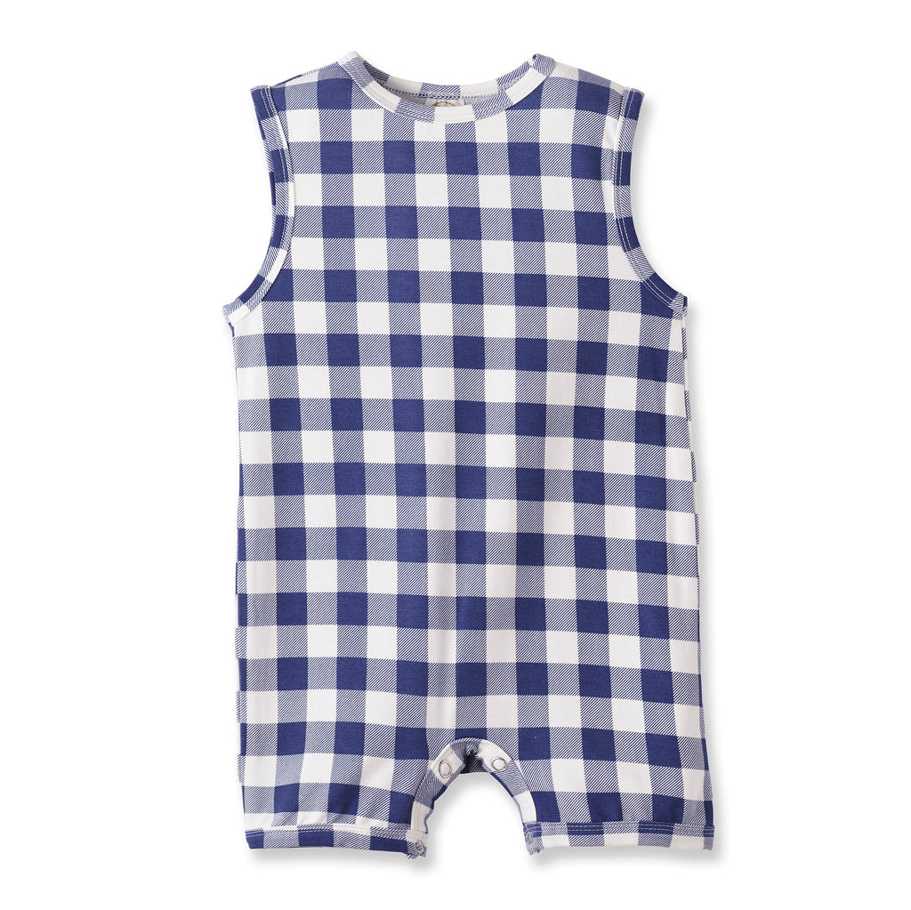 Mono corto de bebé sin mangas de bambú suave con estampado a cuadros estilo picnic.