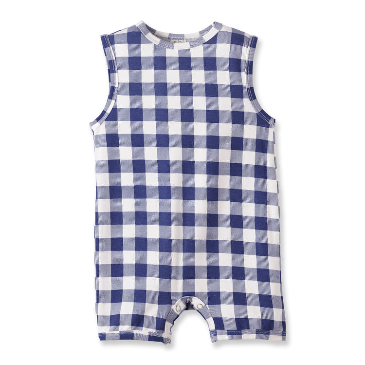 Mono corto de bebé sin mangas de bambú suave con estampado a cuadros estilo picnic.