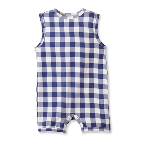 Mono corto de bebé sin mangas de bambú suave con estampado a cuadros estilo picnic.