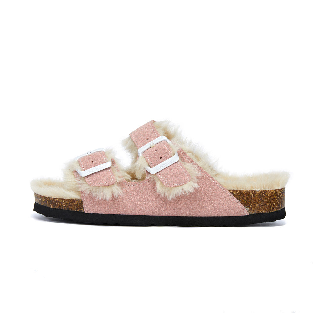 Zapatos nuevos de algodón y lana con doble hebilla, zapatos de lana para interiores y exteriores, pantuflas cálidas y cómodas para mujer, pantuflas ortopédicas forradas de piel para interiores con hebilla ajustable.
