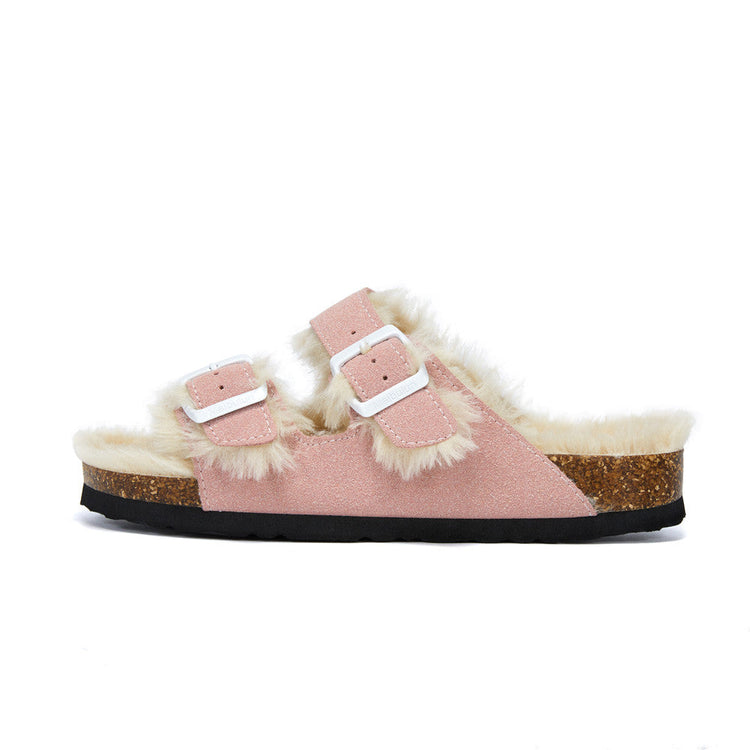 Zapatos nuevos de algodón y lana con doble hebilla, zapatos de lana para interiores y exteriores, pantuflas cálidas y cómodas para mujer, pantuflas ortopédicas forradas de piel para interiores con hebilla ajustable.
