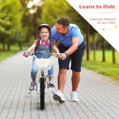 Bicicleta infantil ajustable de 18 pulgadas para niños pequeños con ruedines de apoyo - Rosa