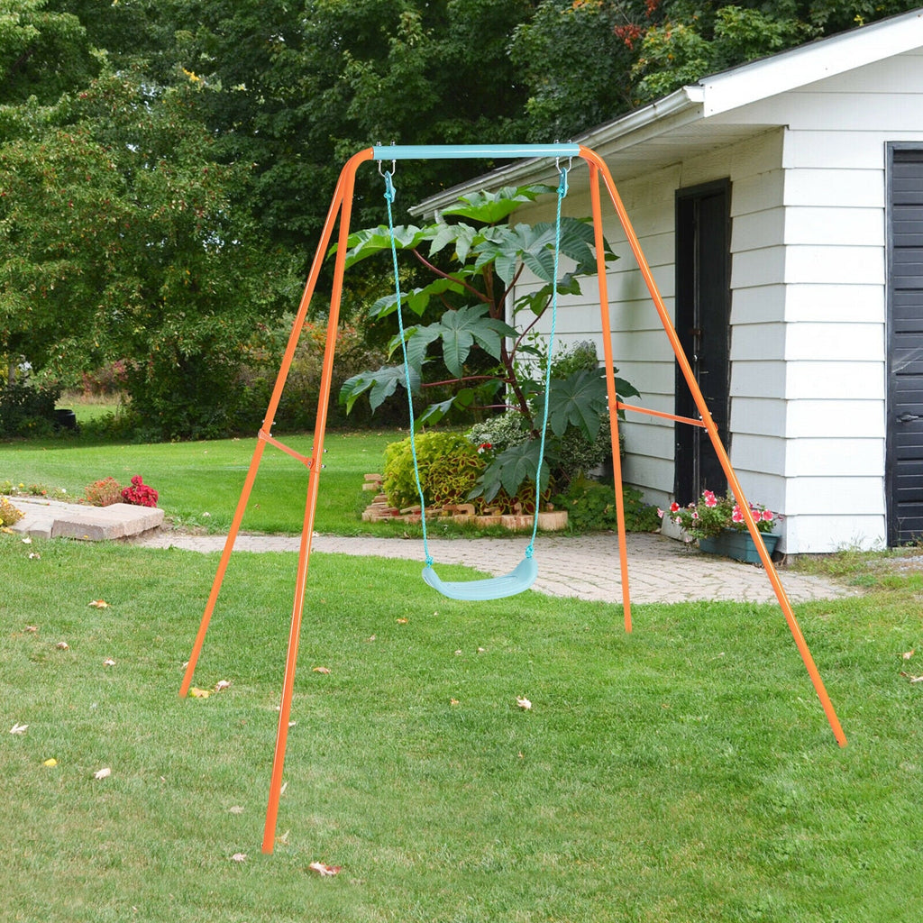 Columpio infantil de exterior con estructura metálica en forma de A de alta resistencia y estacas para el suelo - Naranja