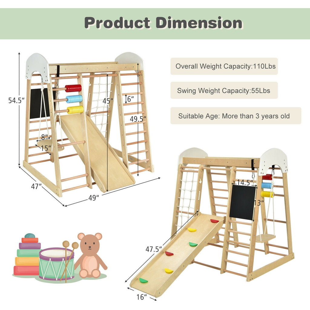Gimnasio de escalada de madera 8 en 1 para interiores, ideal para niños (tejido natural).