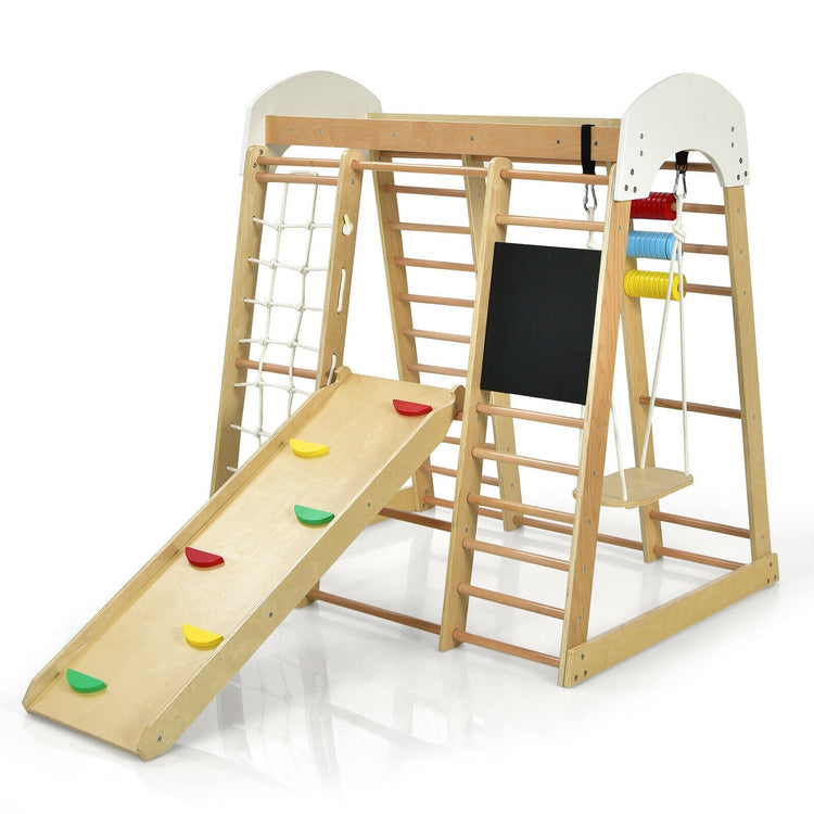 Gimnasio de escalada de madera 8 en 1 para interiores, ideal para niños (tejido natural).