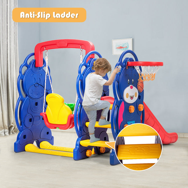 Juego infantil 3 en 1 con estructura para trepar y columpio.