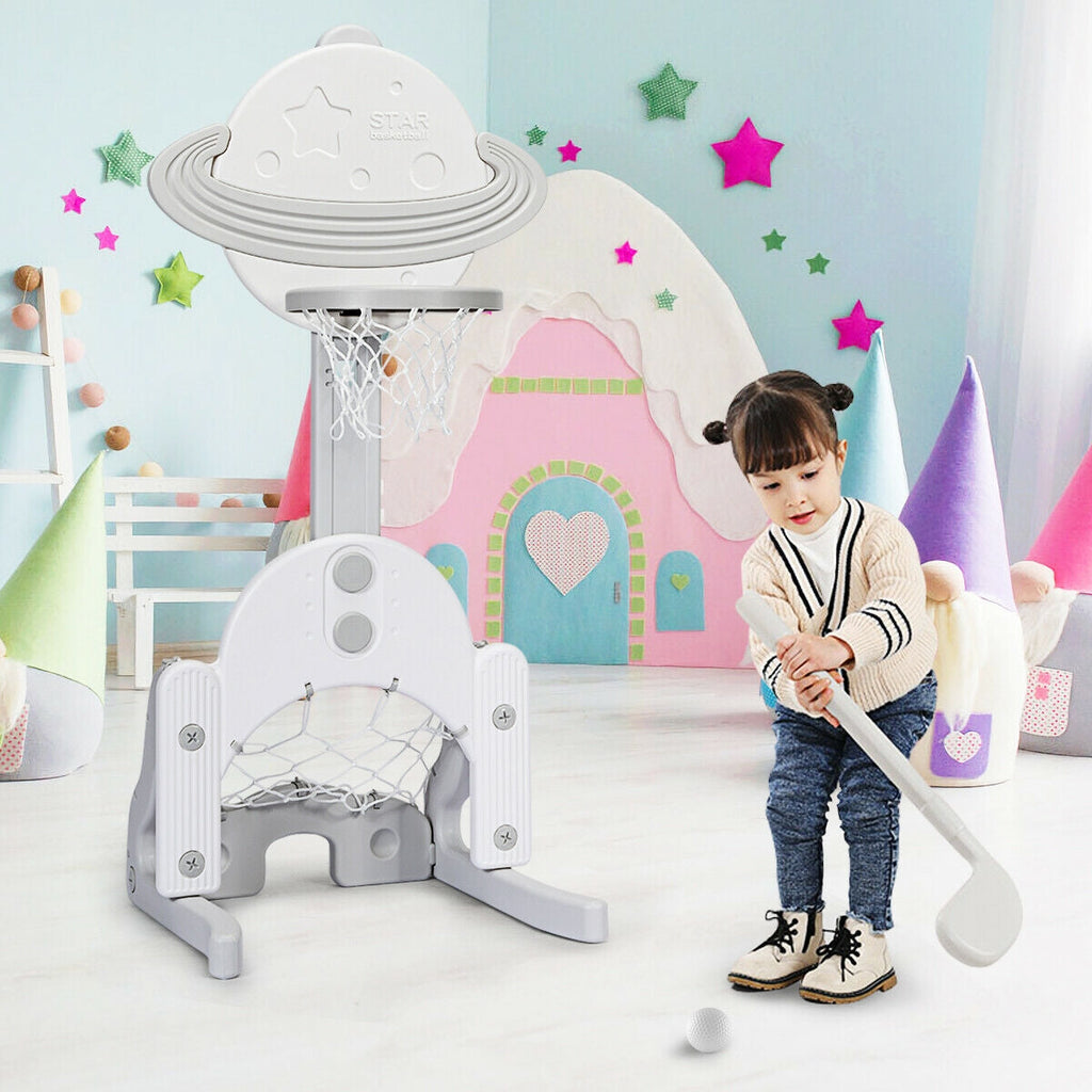 Juego de aro de baloncesto infantil 3 en 1 ajustable en altura con pelotas - Blanco