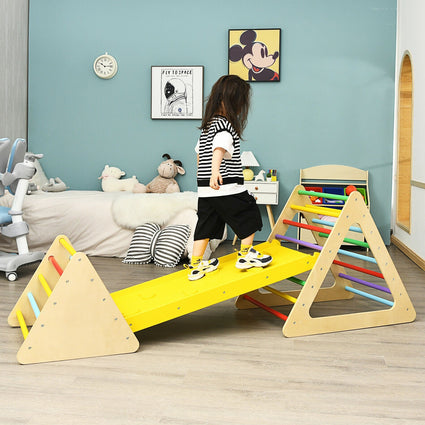 Juego de madera 3 en 1: 2 estructuras triangulares para trepar con rampa para toboganes.