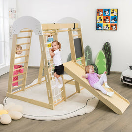 Gimnasio de escalada de madera 8 en 1 para interiores, ideal para niños (tejido natural).