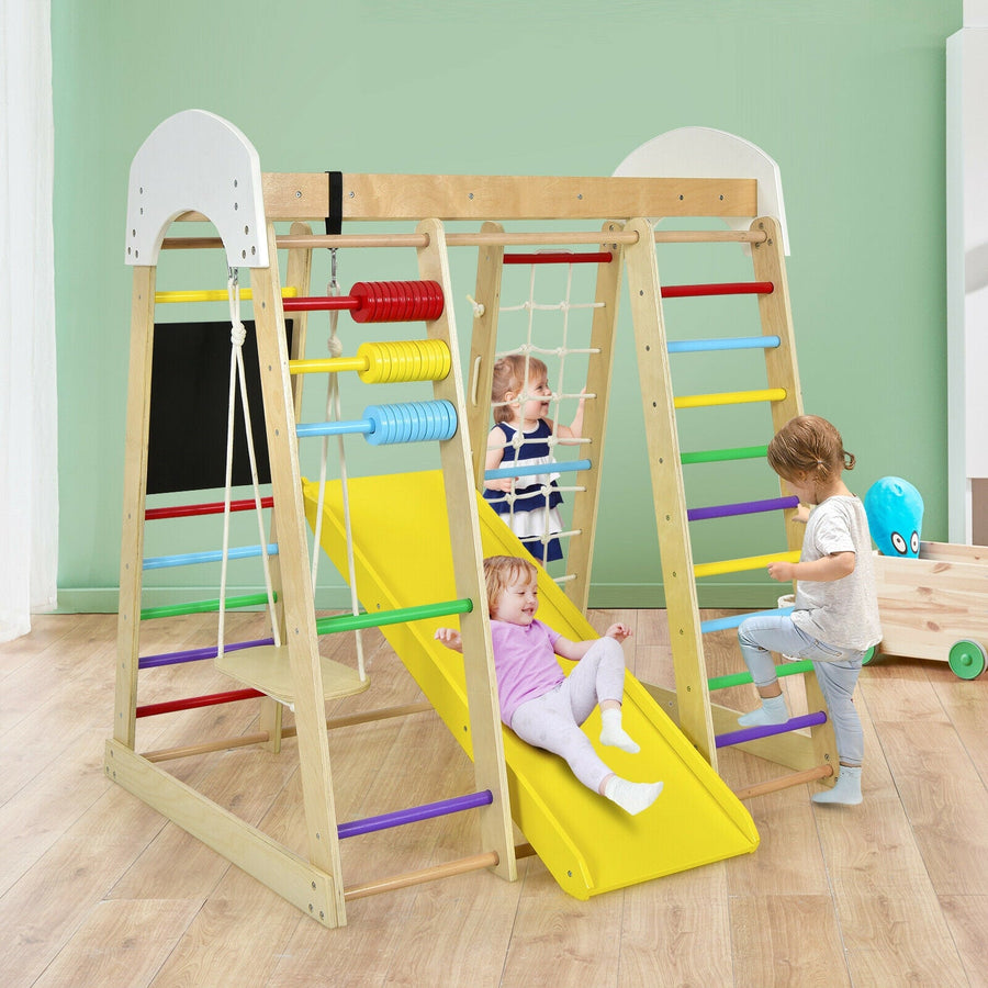 Gimnasio de escalada de madera 8 en 1 para interiores, ideal para niños (multicolor).