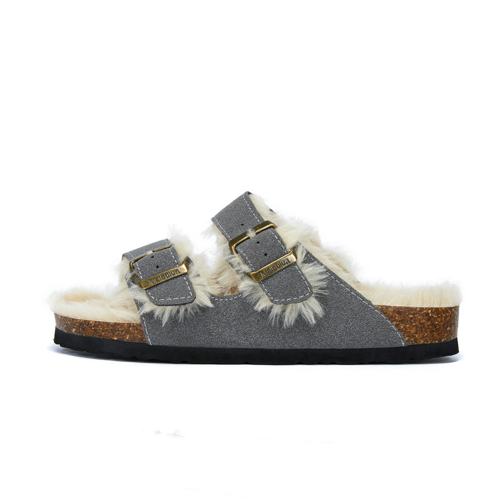 Zapatos nuevos de algodón y lana con doble hebilla, zapatos de lana para interiores y exteriores, pantuflas cálidas y cómodas para mujer, pantuflas ortopédicas forradas de piel para interiores con hebilla ajustable.