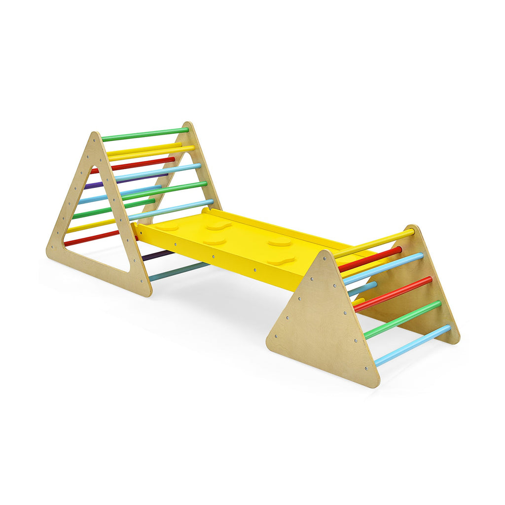Juego de madera 3 en 1: 2 estructuras triangulares para trepar con rampa para toboganes.