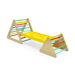 Juego de madera 3 en 1: 2 estructuras triangulares para trepar con rampa para toboganes.