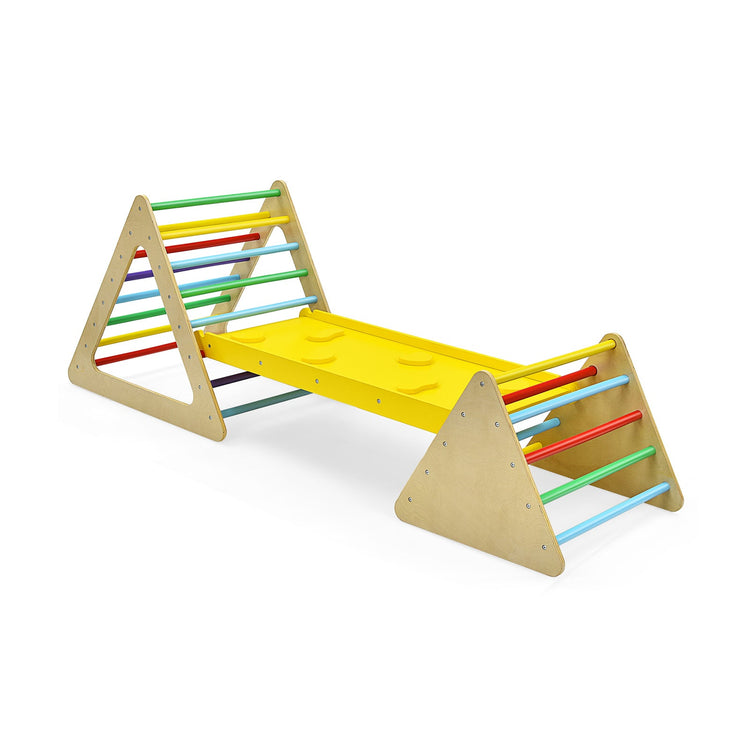 Juego de madera 3 en 1: 2 estructuras triangulares para trepar con rampa para toboganes.