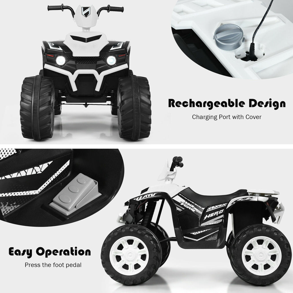Vehículo infantil de 12 V con quad, luces LED, neumáticos con banda de rodadura y luces LED (blanco).
