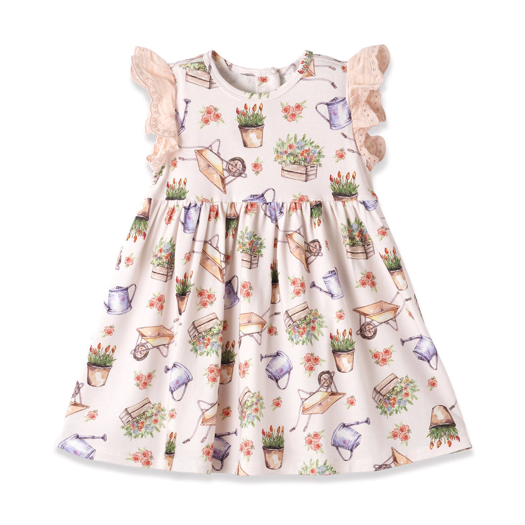 Vestido de bebé niña con estampado de pétalos – Vestido de jardín con bambú y ojales
